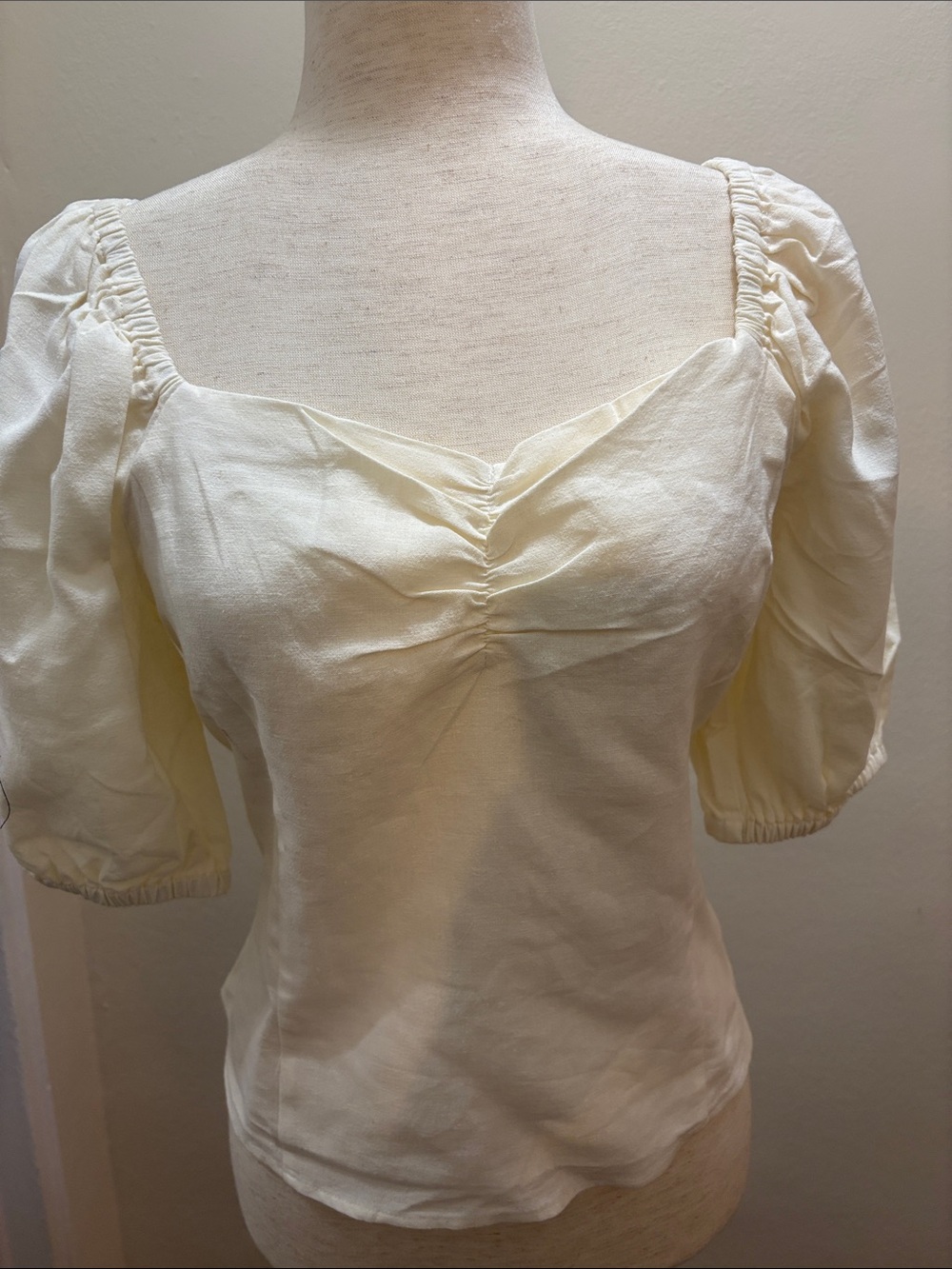 Ivory Puff-Sleeve linen/viscose Square Neck Top M